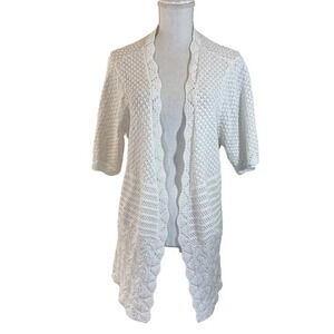 Blair White Textured Open Knit Cardigan Sweater XL Waist Tie Scalloped Trim Top
